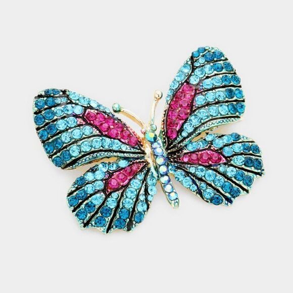 Butterfly Crystal Blue Rhinestone Pin Brooch - Picture 1 of 5